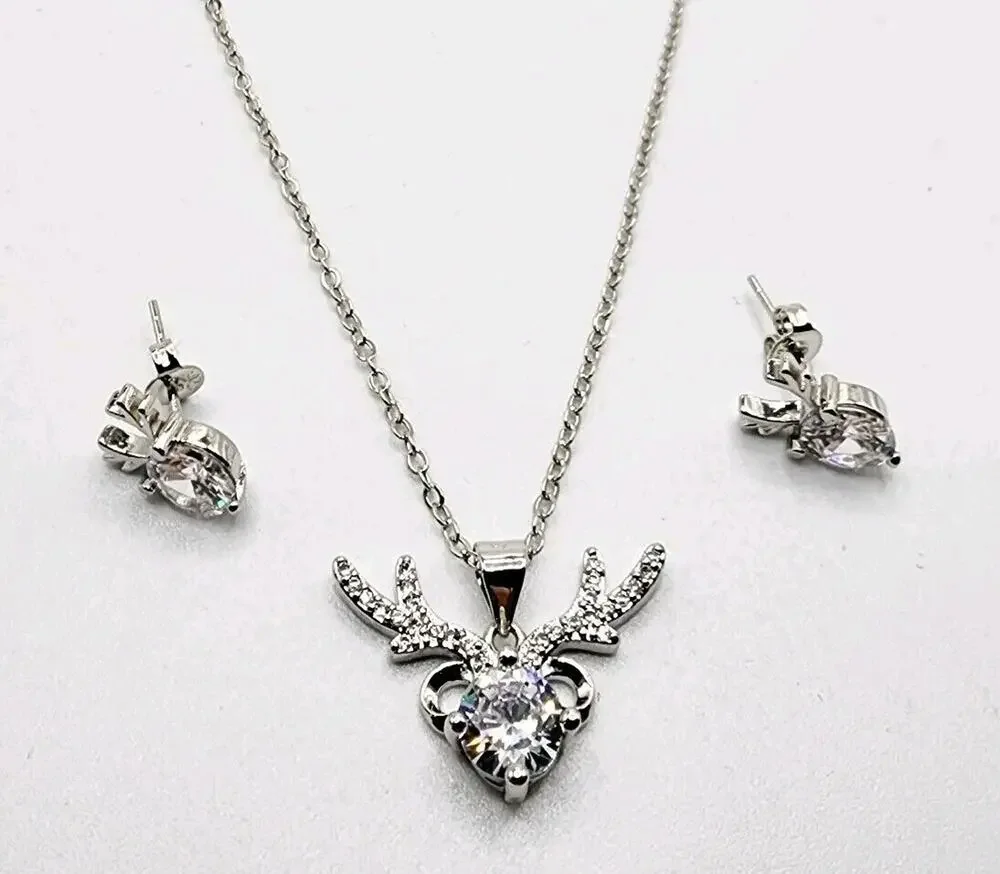 New Round Cut Moissanite Reindeer Pendant Sterling Silver Necklace Earrings Set